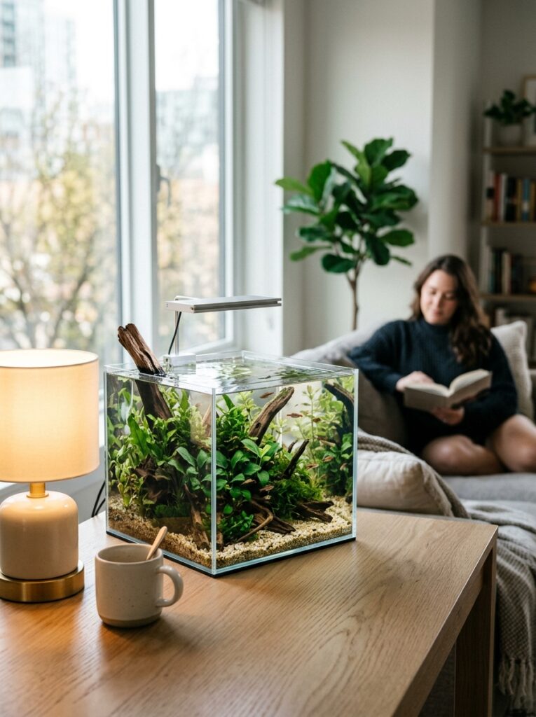 Minimalist rimless glass nano aquarium with live green plants and natural driftwood sitting on a light oak desk in a cozy modern apartment home office.