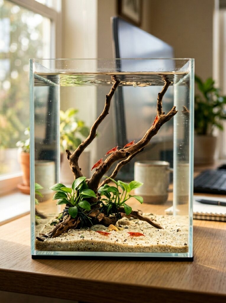 A close up of a 5 gallon cube rimless aquarium with natural spider wood, bright red cherry shrimp, and green anubias plants on a clean white desk.