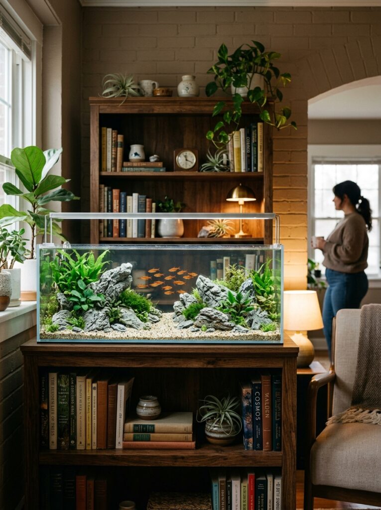 A long shallow rimless glass fish tank styled on a dark wood living room bookshelf with gray seiryu stones and orange ember tetra fish.