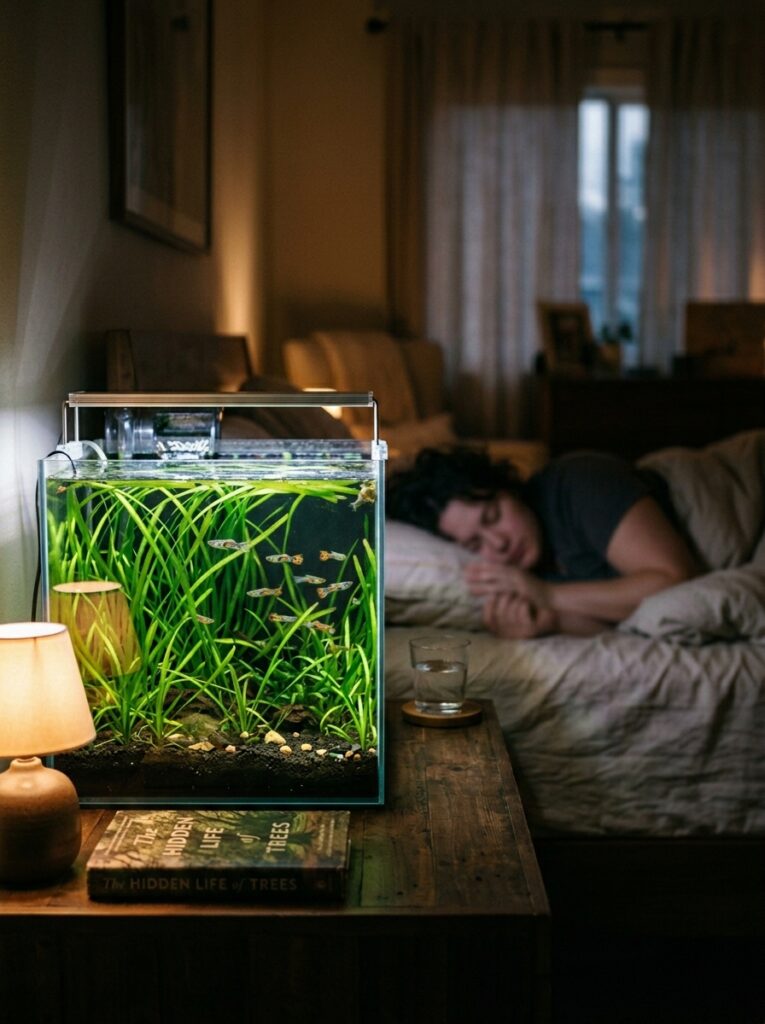 A peaceful bedroom nightstand setup featuring a rectangular 10 gallon rimless aquarium with tall green vallisneria plants and tiny endlers fish.