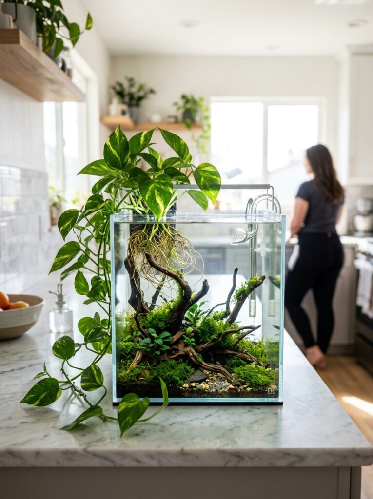 A bright modern kitchen marble counter with a rimless aquarium where a lush green pothos houseplant grows directly out of the tank water.