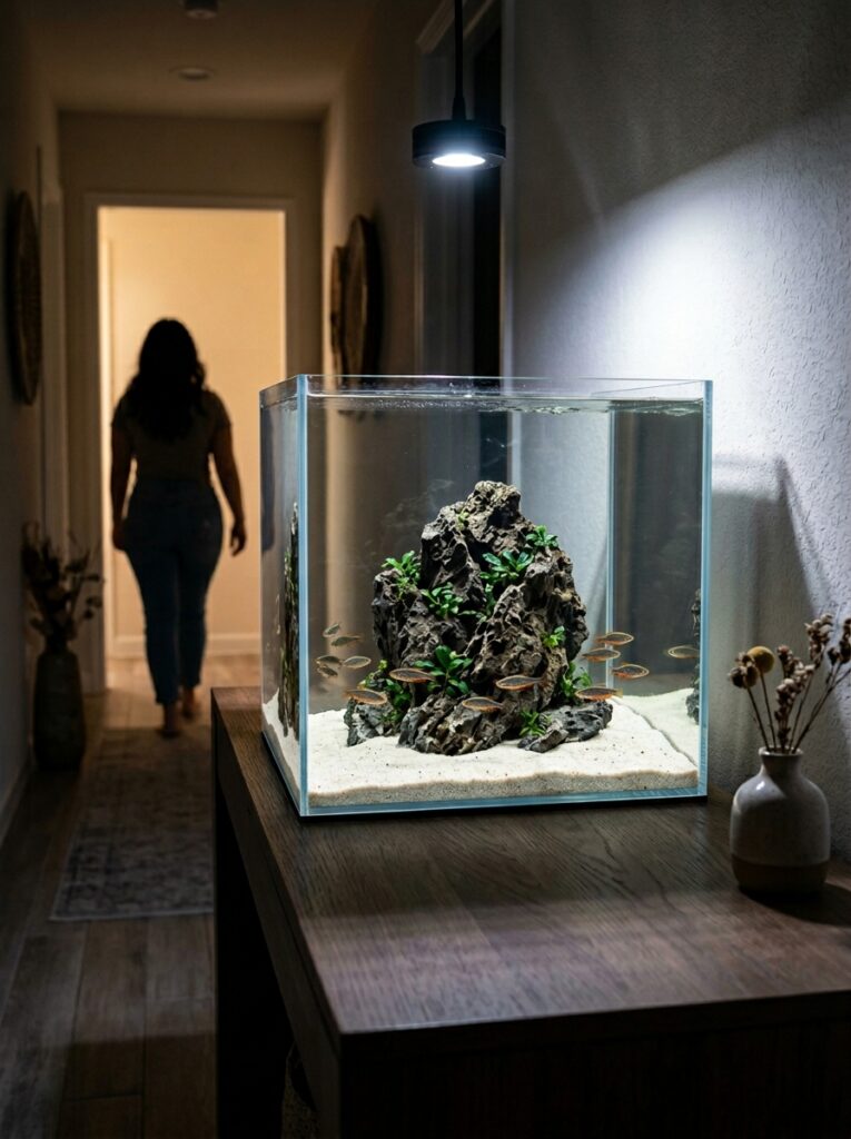 A premium entryway console displaying a rimless cube aquarium with a single center dragon stone island surrounded by light cosmetic sand and tiny danio fish.