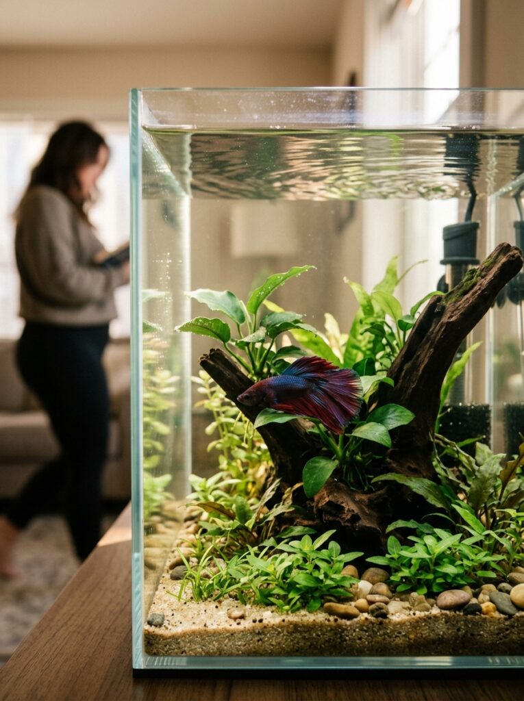 Healthy betta fish resting calmly among lush aquatic plants in a peaceful planted aquarium