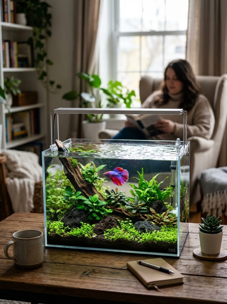 Modern 5 gallon betta fish tank with open swimming space and minimalist planted aquascape