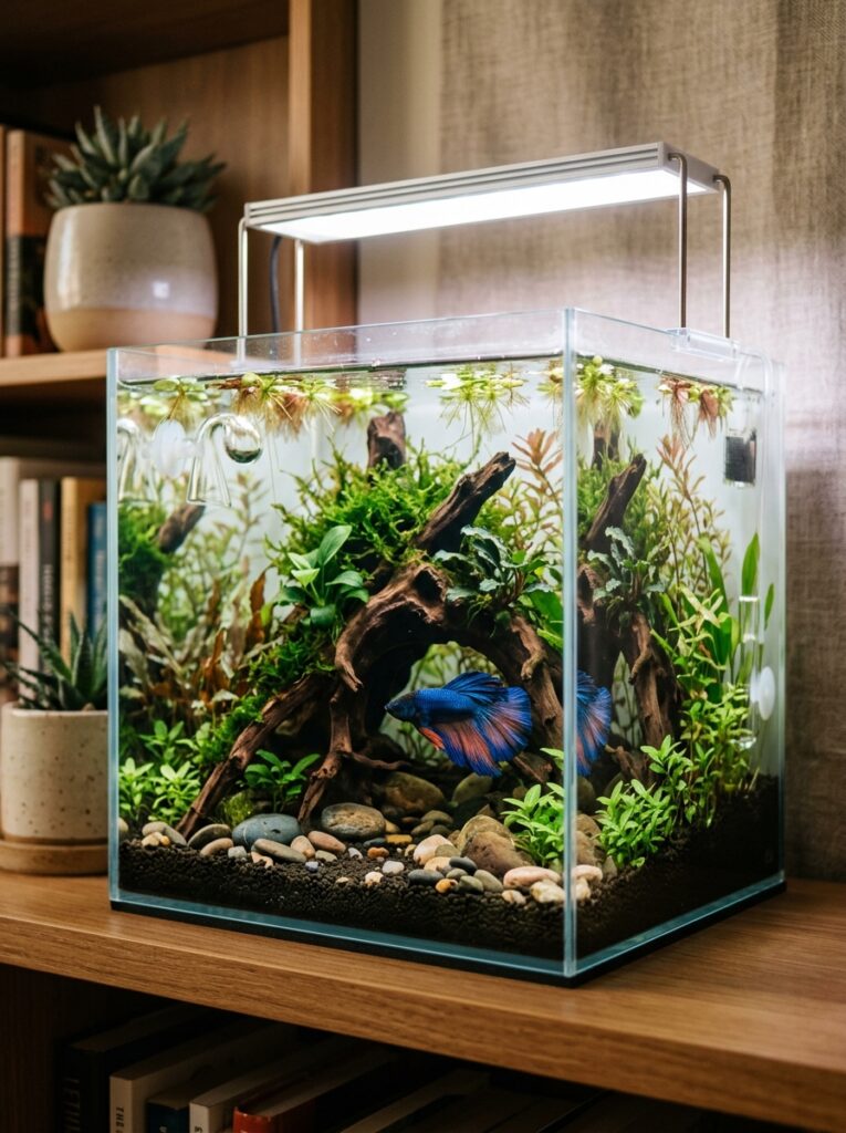 Betta fish aquarium with natural driftwood cave, floating plants, and soft aquascaping decorations