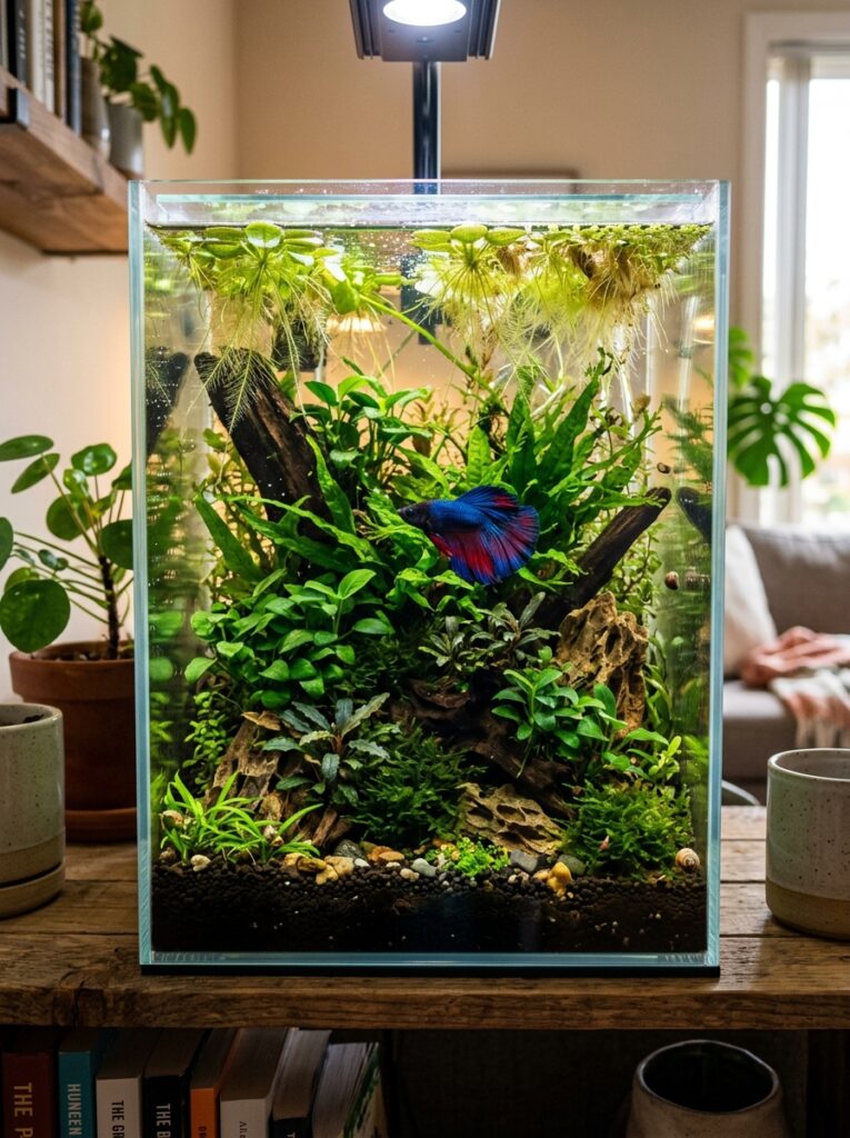 Planted betta fish aquarium filled with beginner-friendly aquatic plants and calming greenery