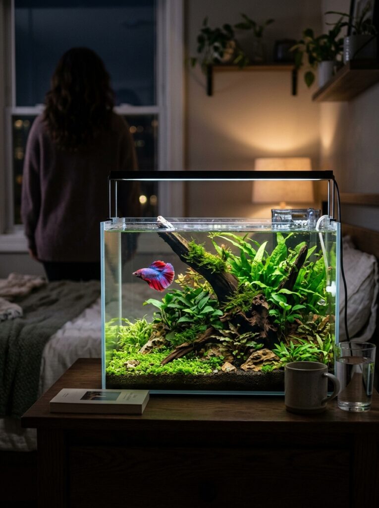 Cozy betta fish aquarium glowing under soft warm lighting in a relaxing bedroom atmosphere