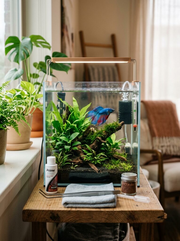 Clean beginner-friendly betta fish aquarium with crystal clear water and gentle filtration system