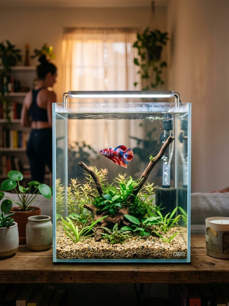 Minimalist stress-free betta fish aquarium with balanced aquascaping and peaceful open swimming areas