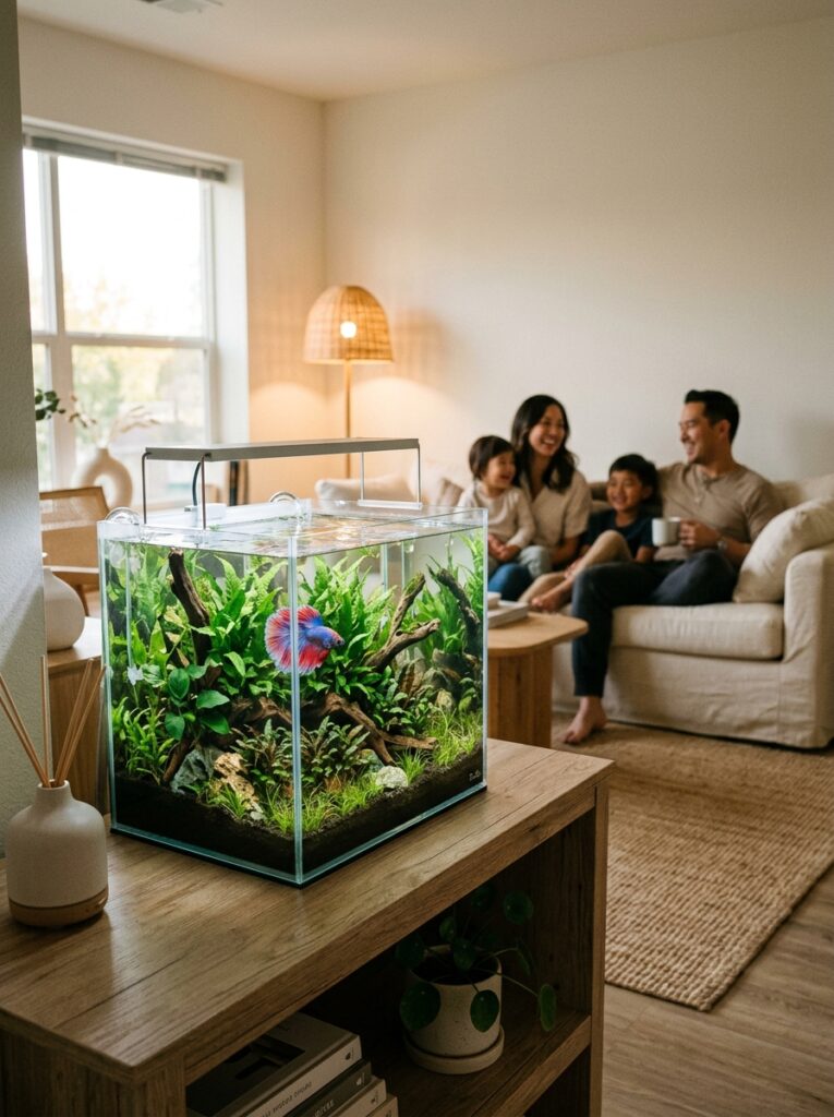 Elegant planted betta fish aquarium styled as calming modern apartment home decor