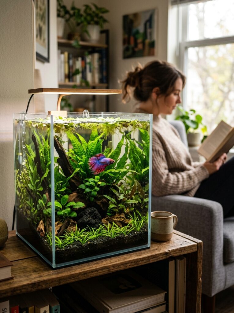 Minimalist rimless glass nano aquarium with live green plants and natural driftwood on a light oak desk inside a cozy modern apartment home office.