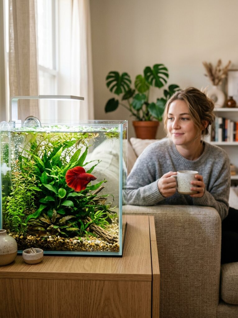 A crimson male betta fish swimming through a lush forest of green aquarium plants on a table inside a stylish modern apartment with a woman in the background.