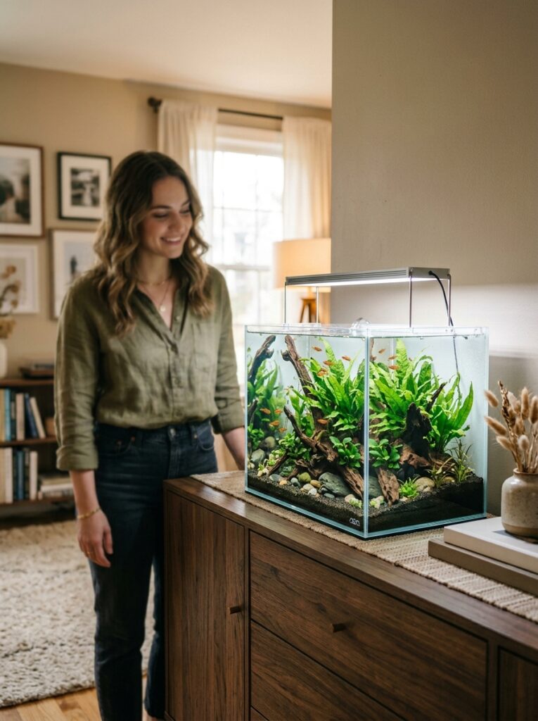 A beautifully arranged low maintenance beginner nano aquarium with java fern and anubias plants sitting on a modern wooden sideboard in a cozy room.