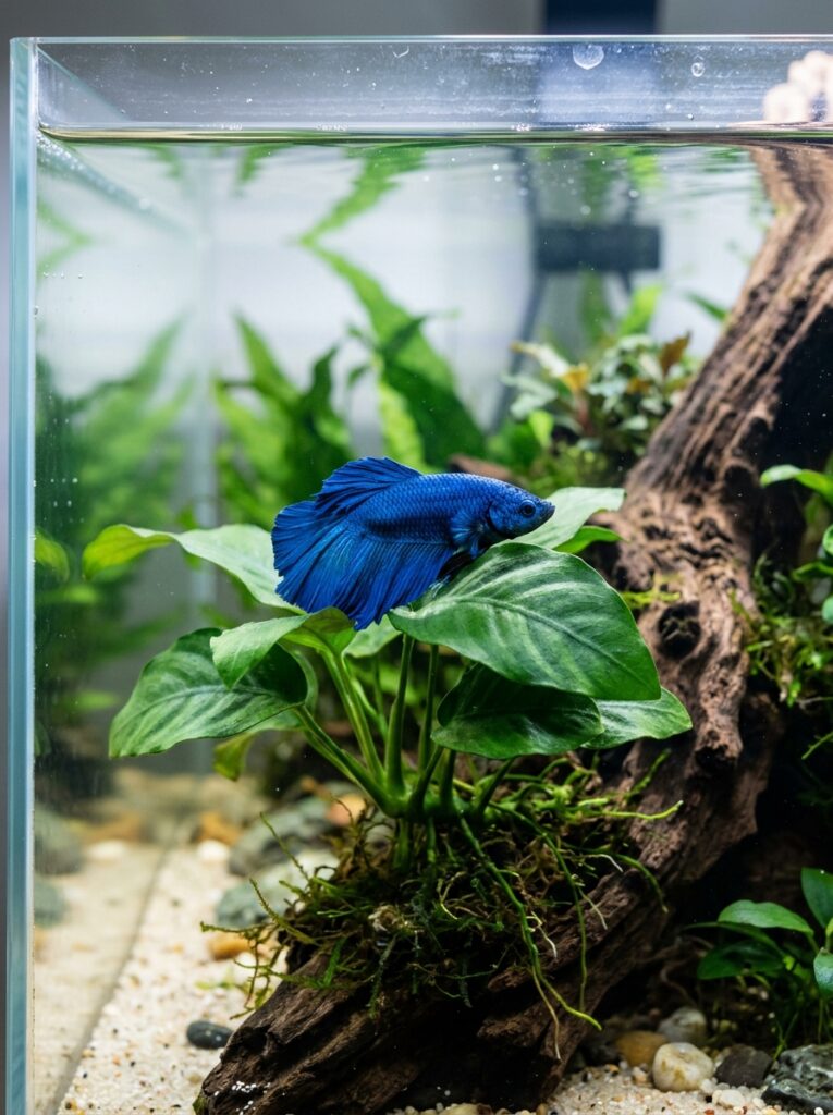 A macro close up of a blue betta fish resting on a wide green leaf of an anubias plant attached to natural spider wood in a rimless aquarium.