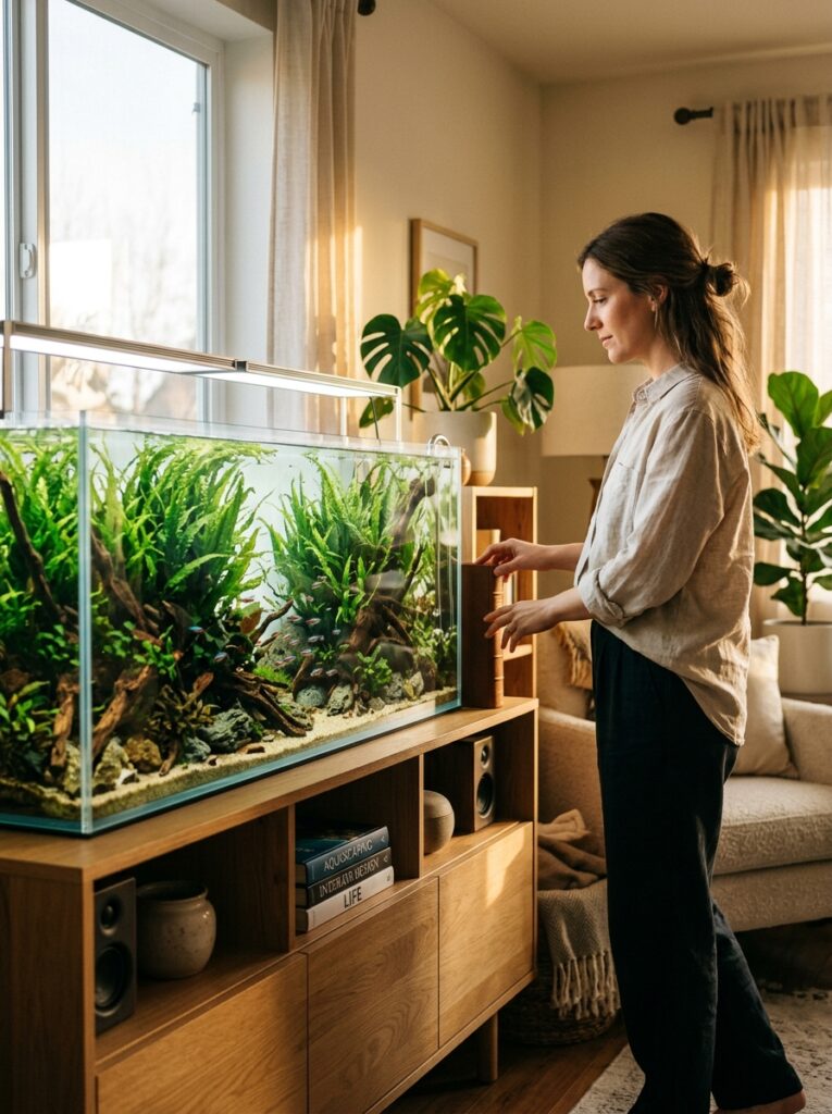 Tall green java fern plants creating a natural background curtain inside a minimalist rimless fish tank sitting on a living room media console.