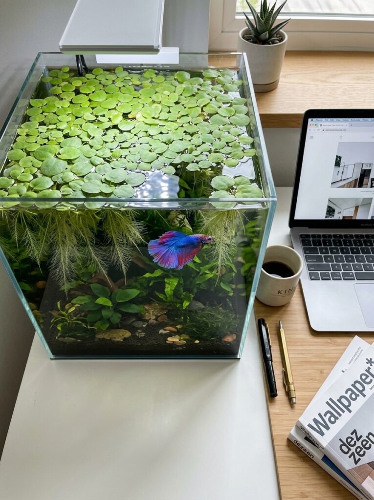 A top down shot of floating amazon frogbit plants on the water surface of a rimless nano aquarium next to a laptop on a white desk.