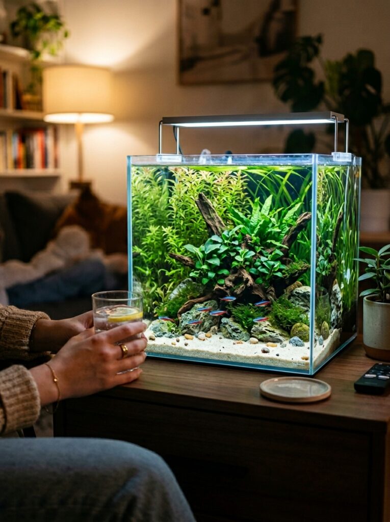 A perfectly layered five gallon rimless planted aquarium with tall background plants and light river sand on an apartment side table.