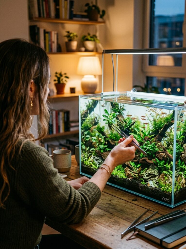 A person using long stainless steel aquascaping tweezers to adjust live aquarium plants inside a clean rimless glass nano tank.