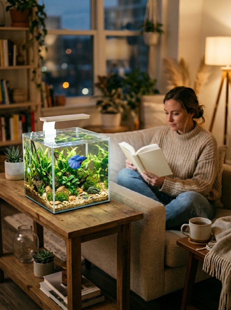 A glowing planted betta fish tank on a wooden console table at night in a cozy room with a woman reading a book on a chair.
