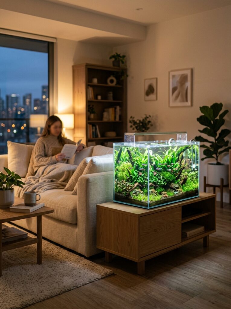 Modern nano aquarium inside a cozy apartment with calming planted aquascape and soft warm lighting