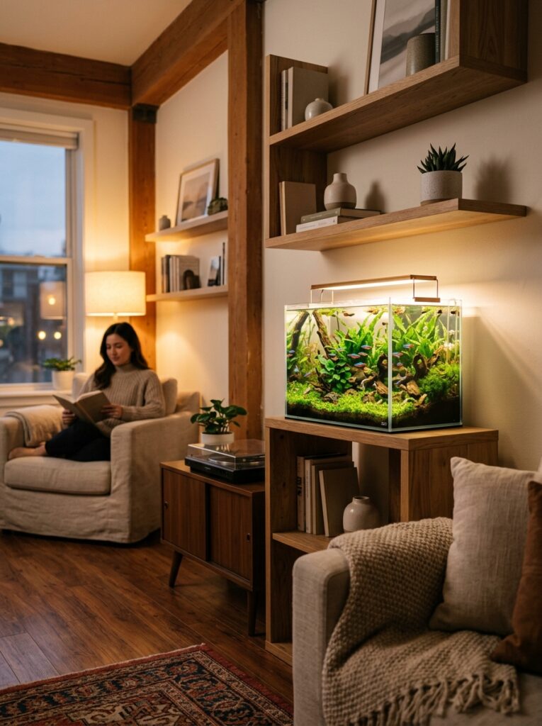 Elegant nano aquarium glowing softly inside a modern western apartment living space