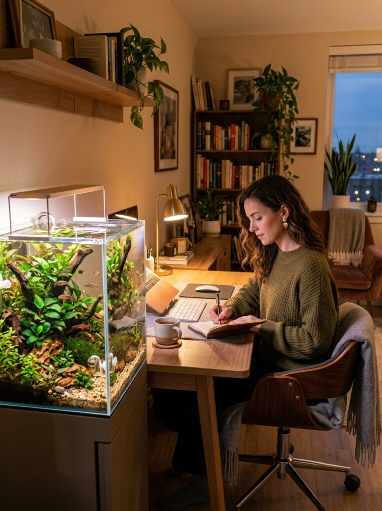 Small apartment desk setup with planted nano aquarium and cozy workspace atmosphere
