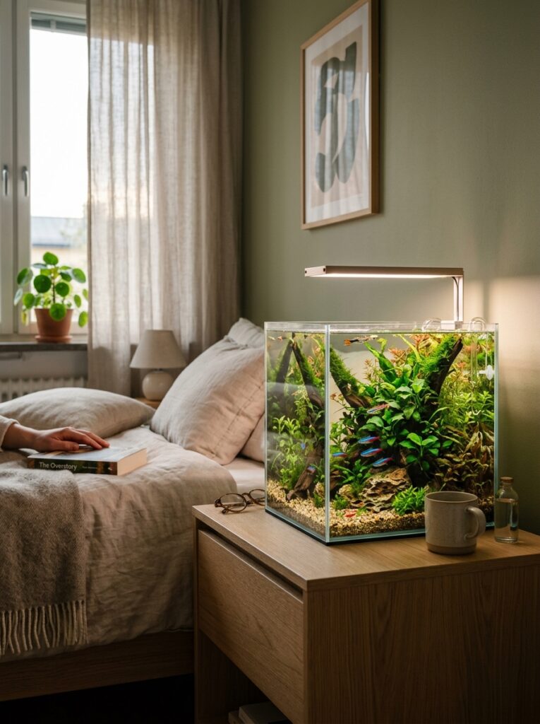 Space-saving rimless nano aquarium inside a cozy minimalist apartment bedroom