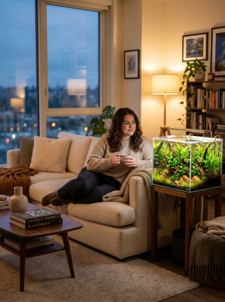 Softly lit planted aquarium creating a warm and relaxing apartment atmosphere