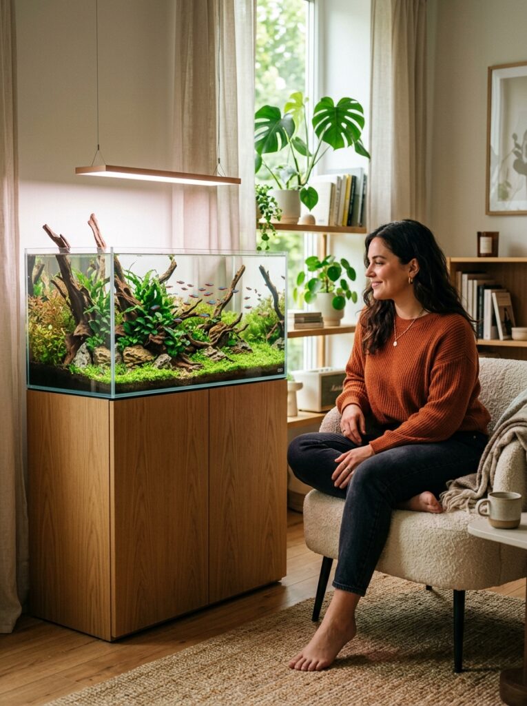 Minimalist planted aquarium with natural aquascaping inside a modern apartment