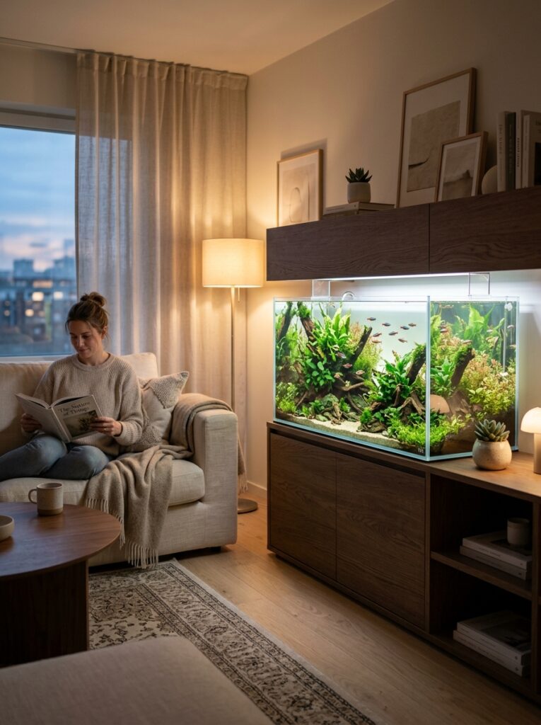 Modern rimless aquarium integrated into stylish minimalist apartment interior design