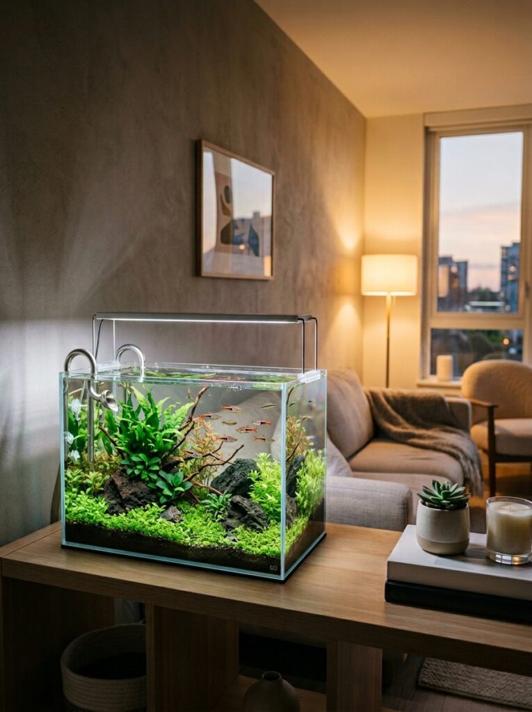 Clean and balanced nano aquarium setup inside a cozy uncluttered apartment