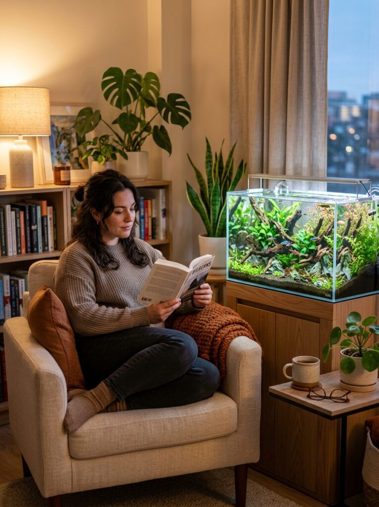 Relaxing apartment aquarium corner with planted nano tank beside a comfortable reading chair