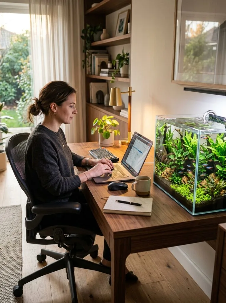Cozy modern desk workspace with planted nano aquarium and soft warm ambient lighting