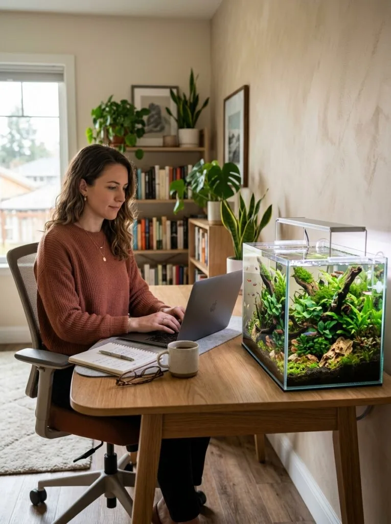 Relaxing planted desk aquarium beside a modern minimalist home office workspace