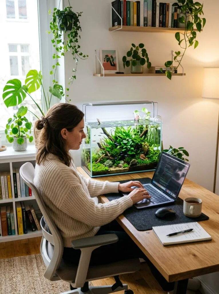 Planted nano aquarium placed naturally beside a clean modern workspace setup