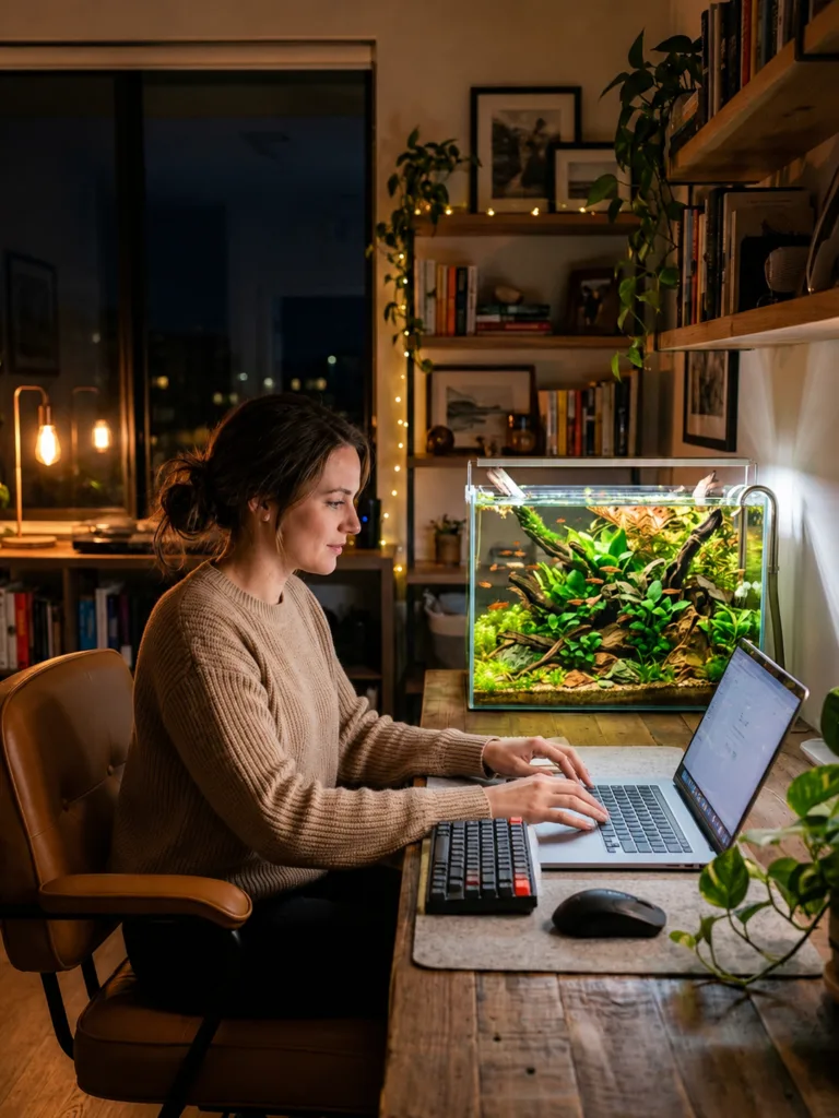 Softly glowing desk aquarium creating a calm and cozy evening workspace atmosphere