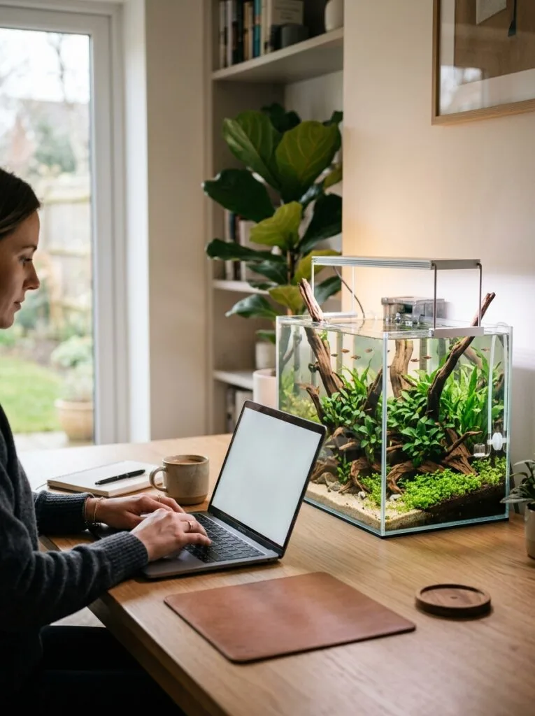Minimalist rimless desk aquarium with natural aquascaping and clean workspace design