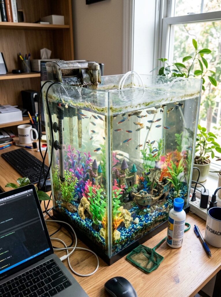 Overcrowded desk aquarium showing common beginner setup mistakes and algae issues