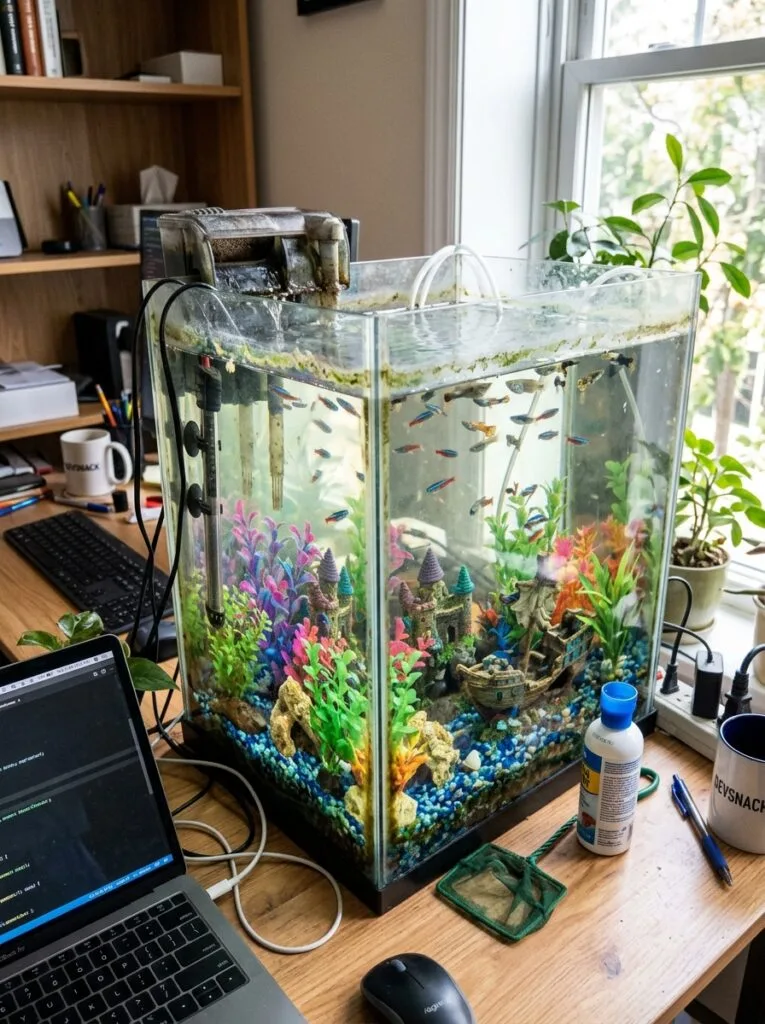 Overcrowded desk aquarium showing common beginner setup mistakes and algae issues