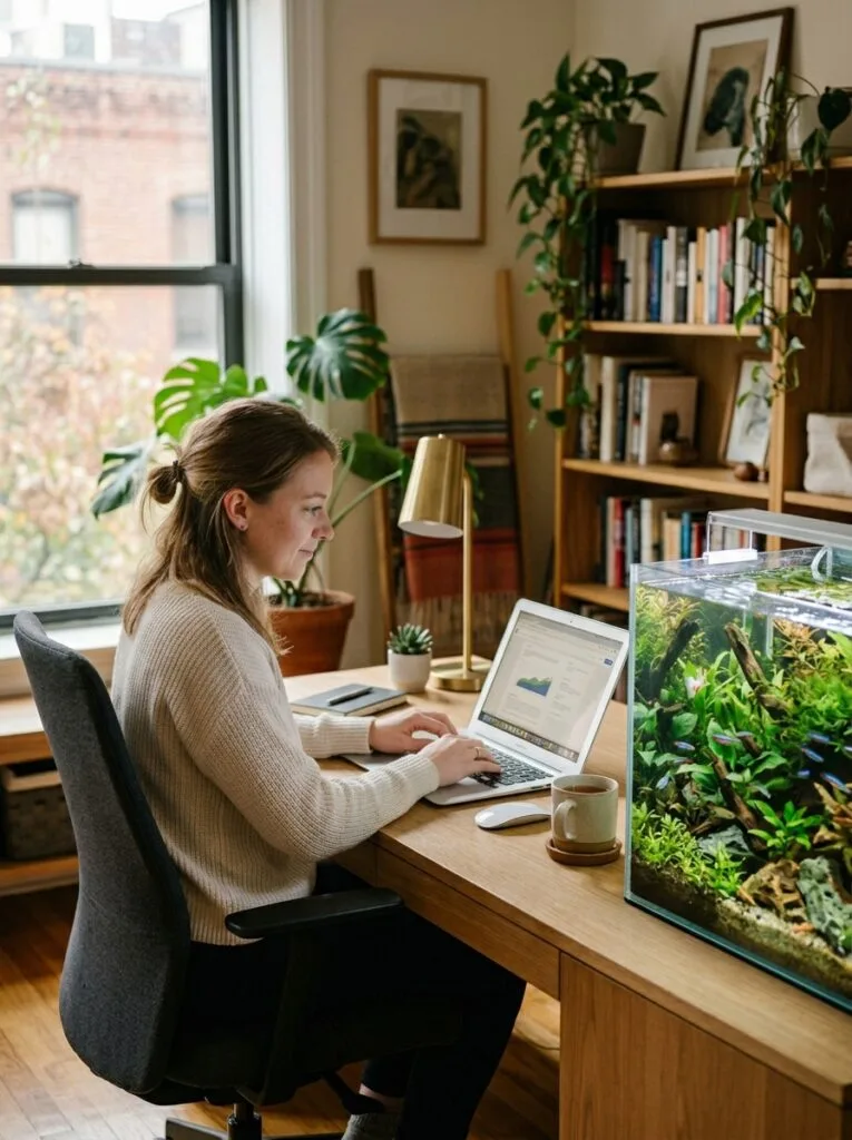 Peaceful modern workspace with balanced planted aquarium and minimalist desk organization