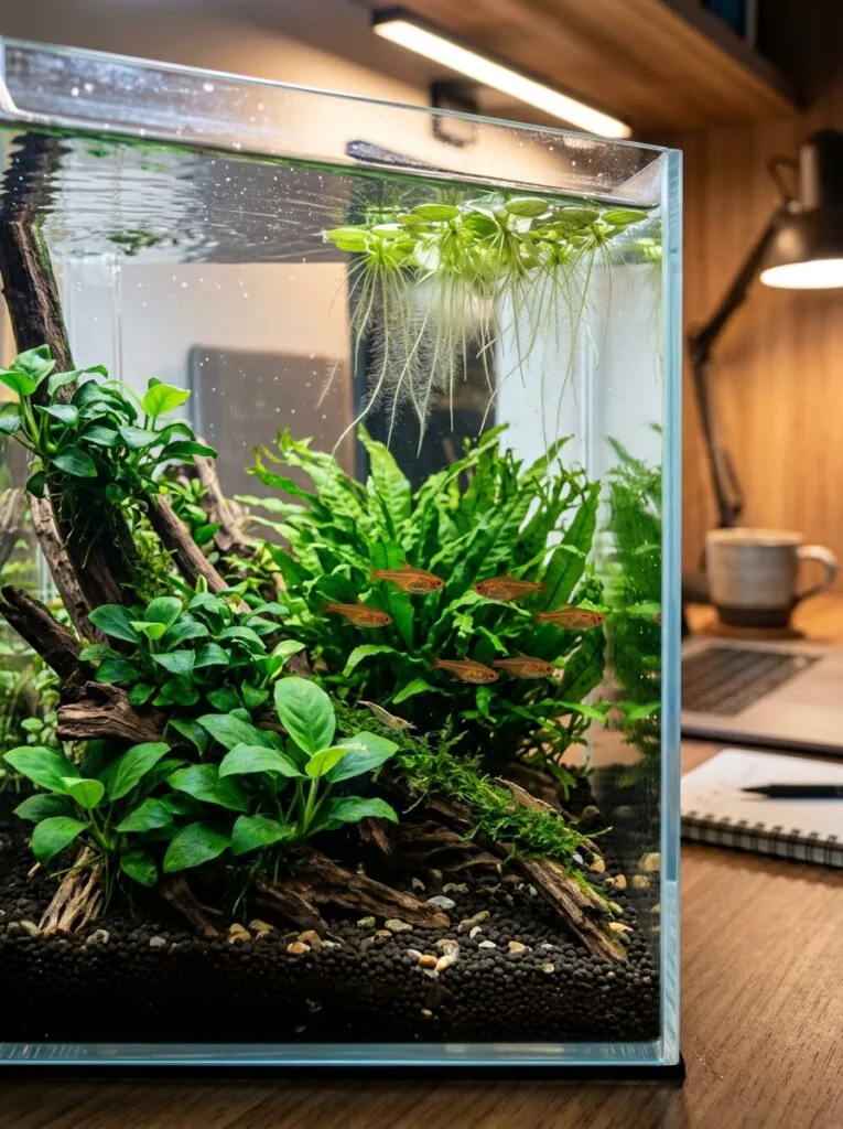 Close-up planted desk aquarium featuring Anubias, Java Fern, and floating aquarium plants