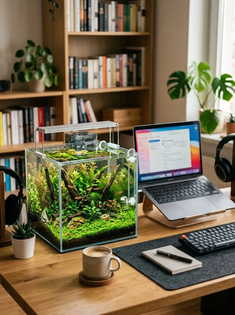 Balanced 5 to 10 gallon desk aquarium setup inside a cozy western home office