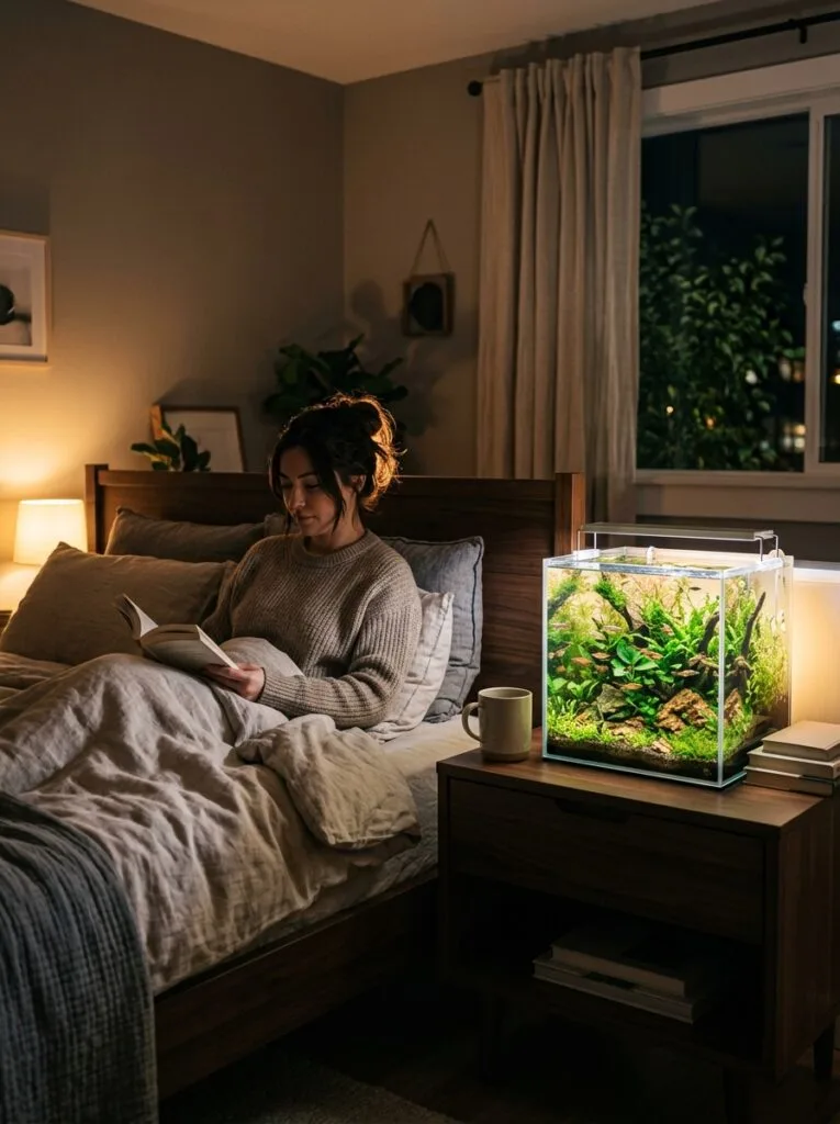 Cozy modern bedroom with softly glowing planted nano aquarium beside a bed