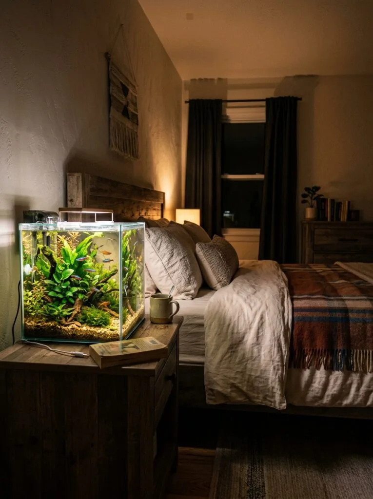 Peaceful planted bedroom aquarium creating a calm nighttime atmosphere
