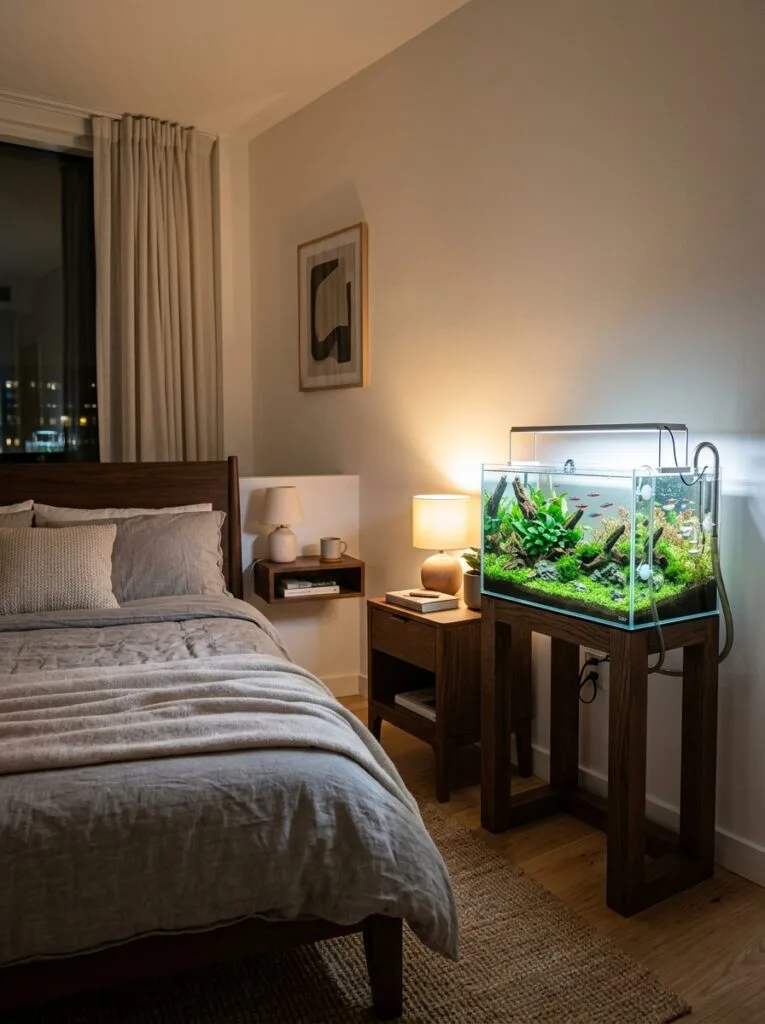Balanced 5 to 15 gallon planted aquarium inside a cozy modern bedroom