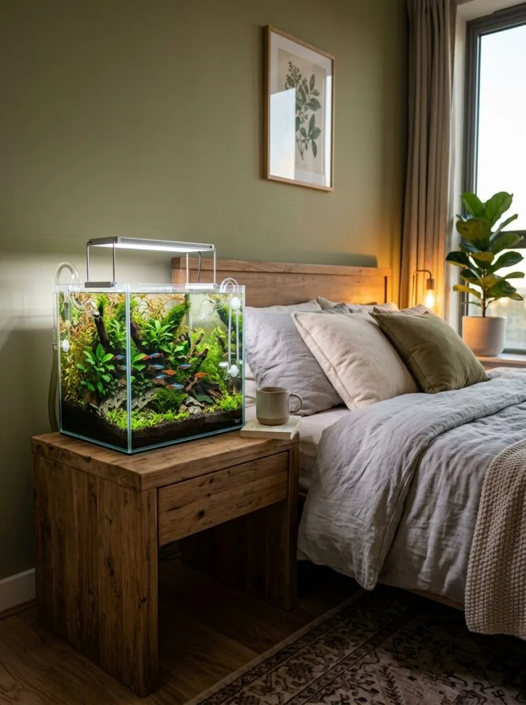 Nano aquarium placed naturally on a wooden nightstand beside a modern bed