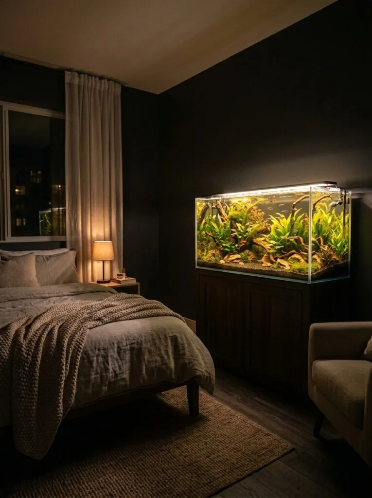 Softly glowing planted aquarium creating a relaxing bedroom lighting atmosphere