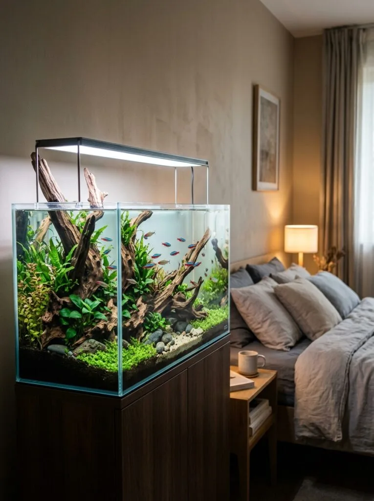 Minimalist rimless bedroom aquarium with elegant natural aquascaping