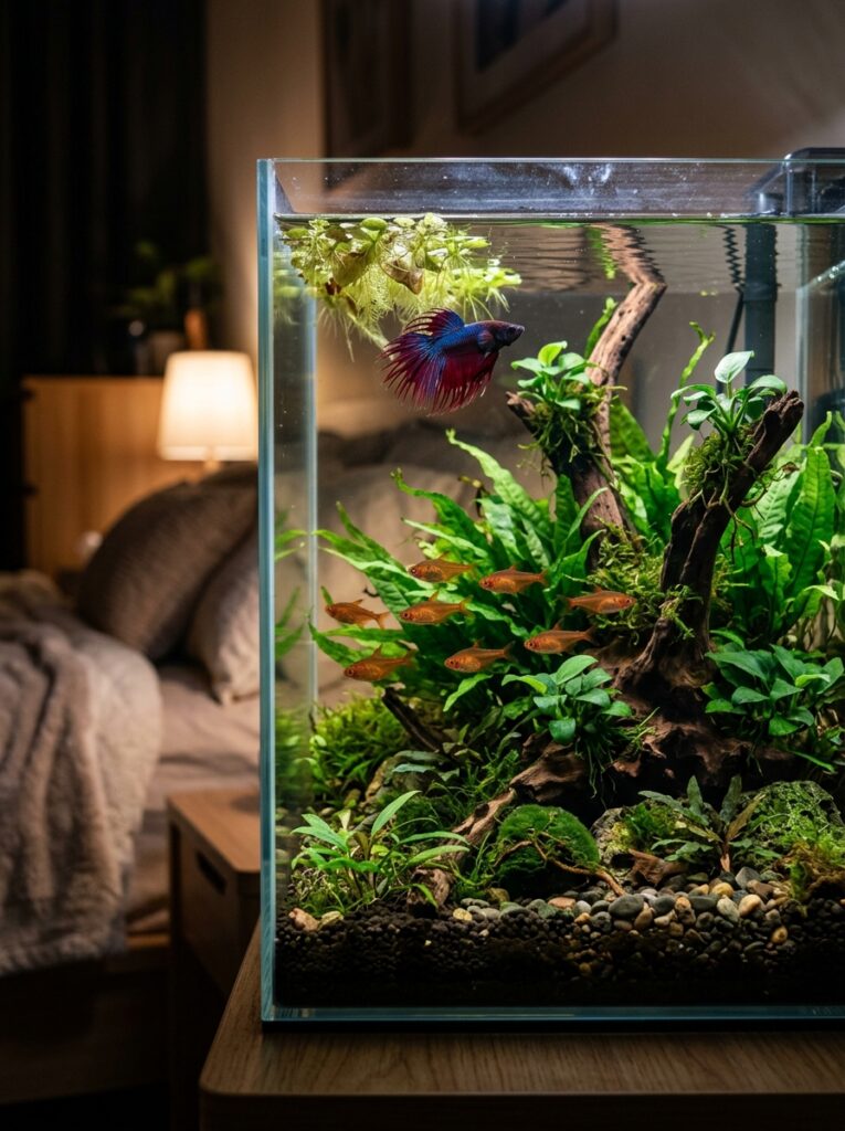 Peaceful betta fish and beginner-friendly aquarium plants inside a relaxing bedroom aquarium