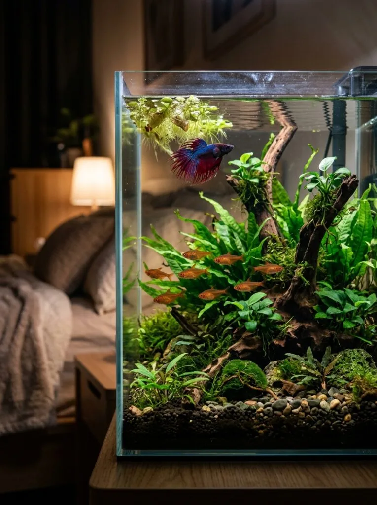 Peaceful betta fish and beginner-friendly aquarium plants inside a relaxing bedroom aquarium